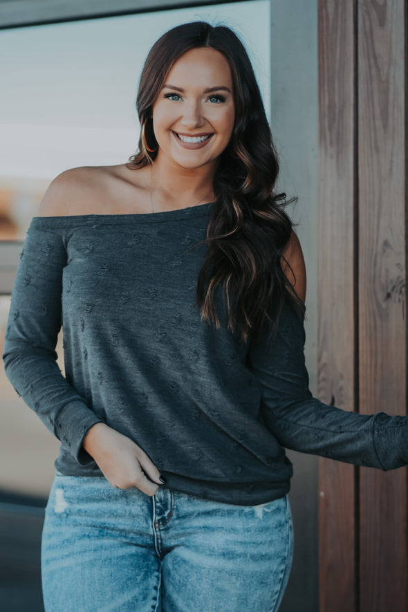 Charcoal Distressed Open Shoulder Top