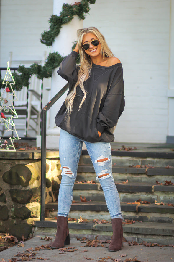 Charcoal Front Pocket Pullover Top