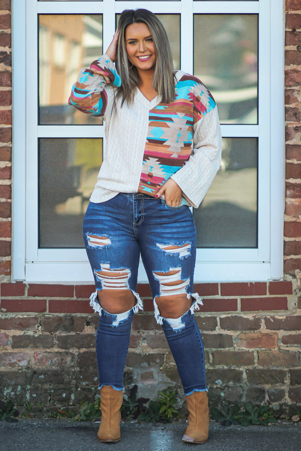 Taupe & Aztec Cable Knit Contrast Sweater