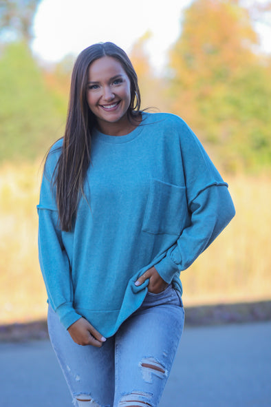 Dusty Teal Brushed Front Pocket Sweater in Regular & Curvy