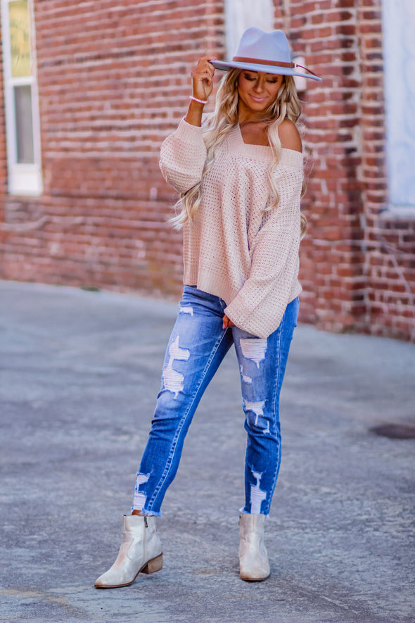 Taupe Loose Knit V Neck Sweater