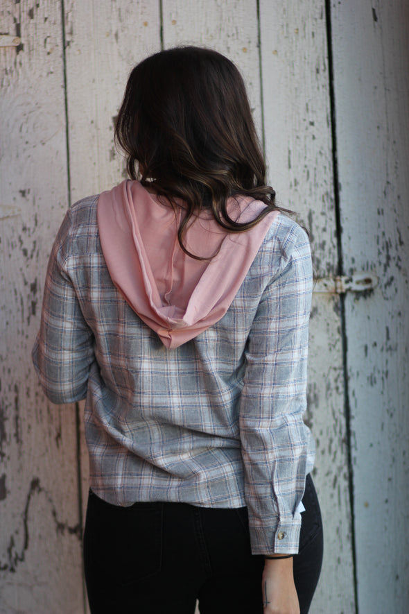 Heather Grey & Rose Plaid Hooded Flannel Top