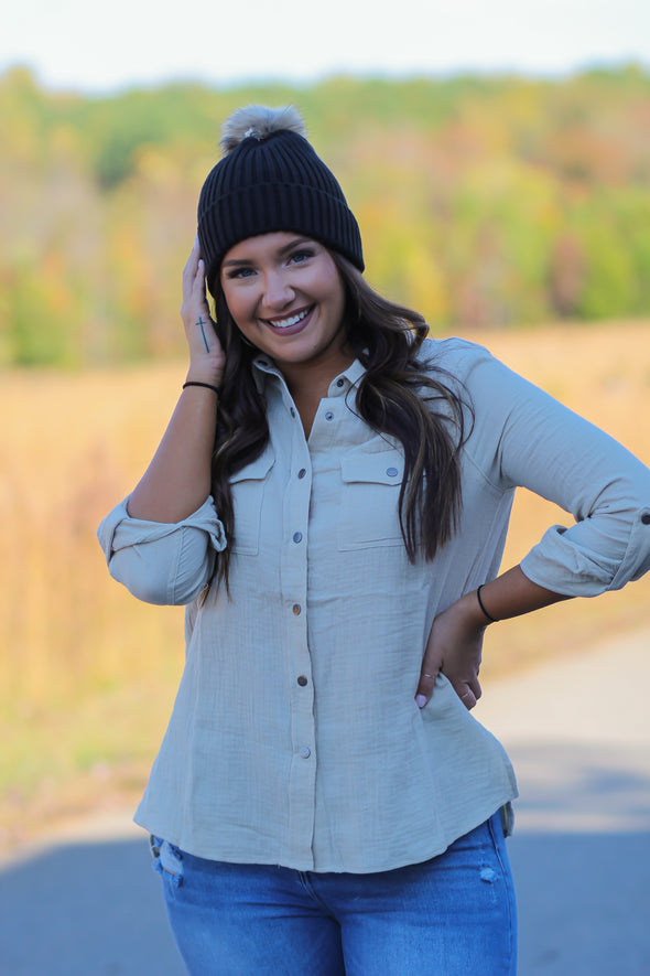 Khaki Gauze Button Down Top