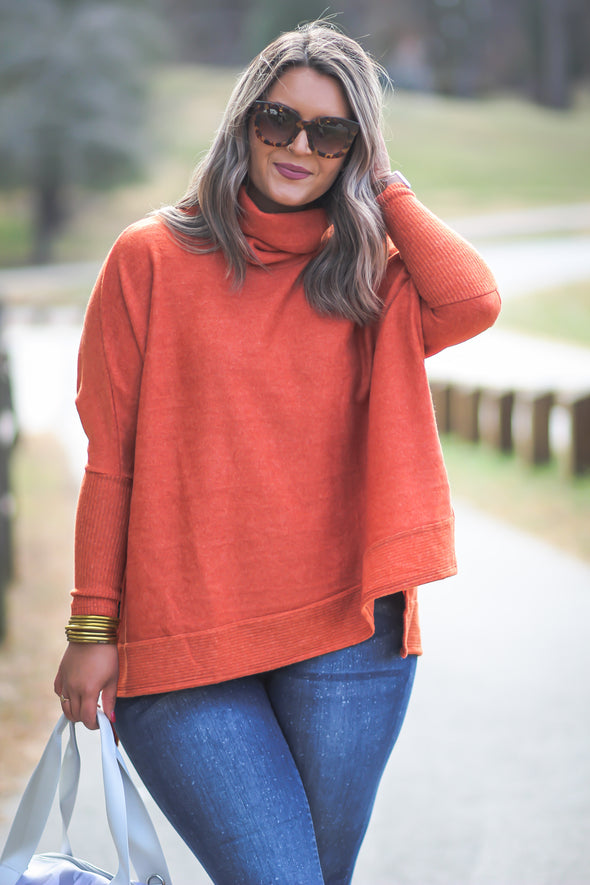 Brick Brushed Knit Cowl Neck Top