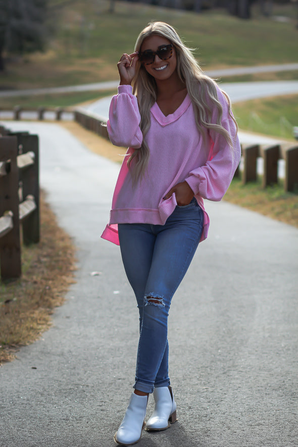 Bubblegum Pink Ribbed Knit Long Sleeve Top