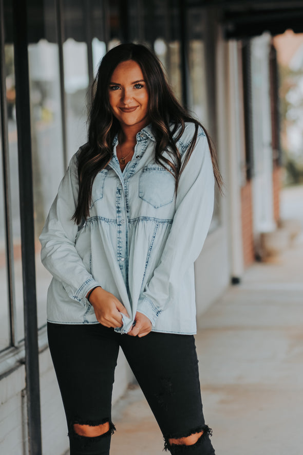 Washed Denim Peplum Button Down Top