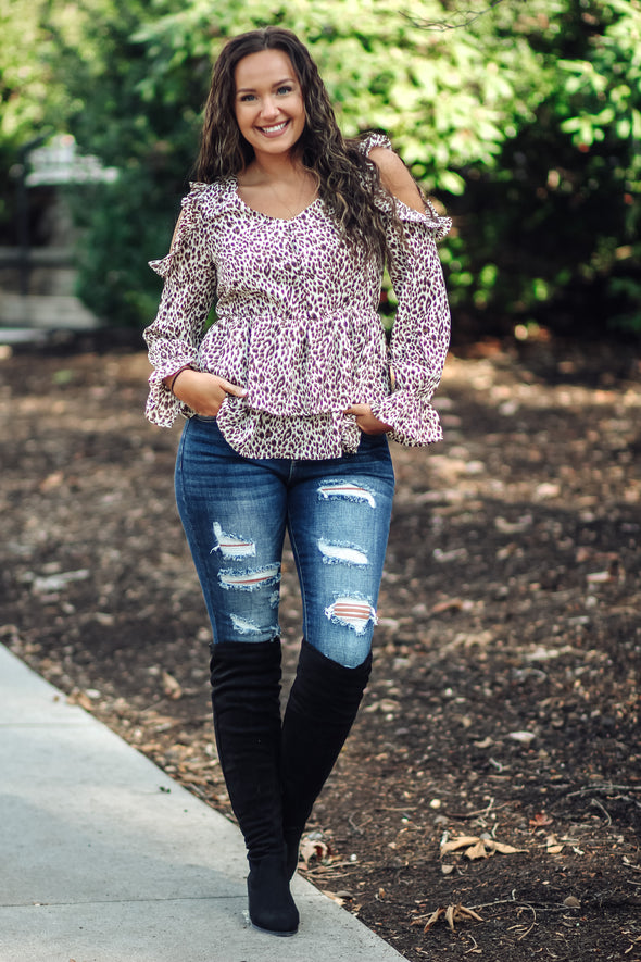 Cream Leopard Cold Shoulder Blouse In Regular & Curvy