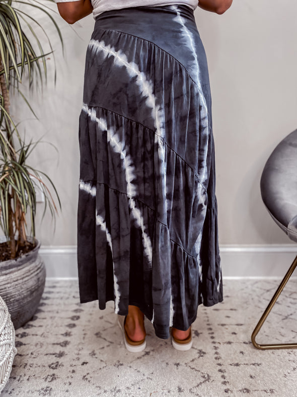 Black Tie Dye Tiered Midi Skirt