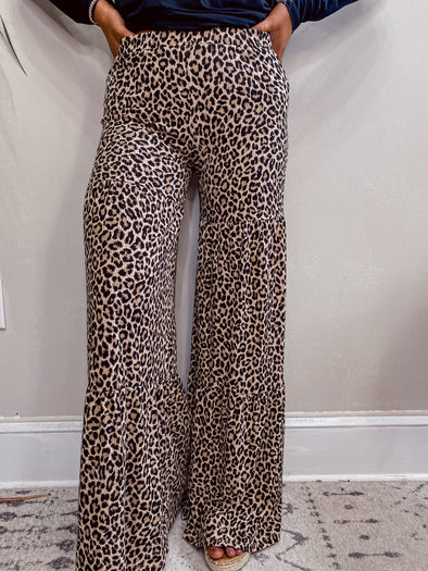 Leopard Knit Tiered Flare Pants