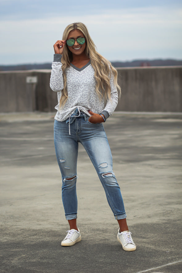 Ivory & Grey Leopard Drawstring Top in Regular & Curvy