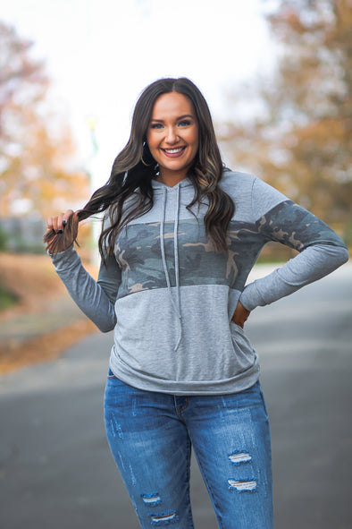 Heather Grey & Camo Contrast Hooded Top in Regular & Curvy