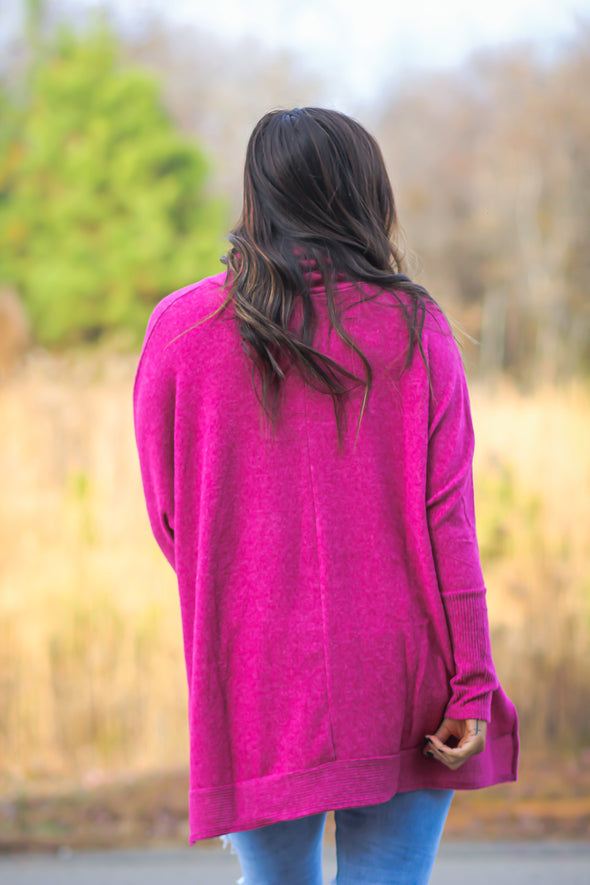 Magenta Soft Knit Cowl Neck Poncho Top