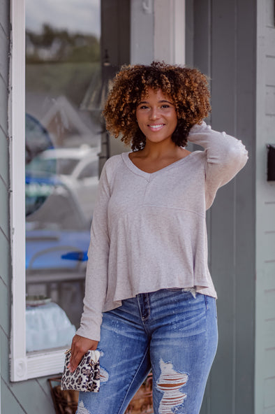 Oatmeal Contrast Knit V Neck Top