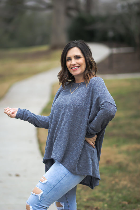 Denim Blue Hacci Knit Long Sleeve Boatneck Top