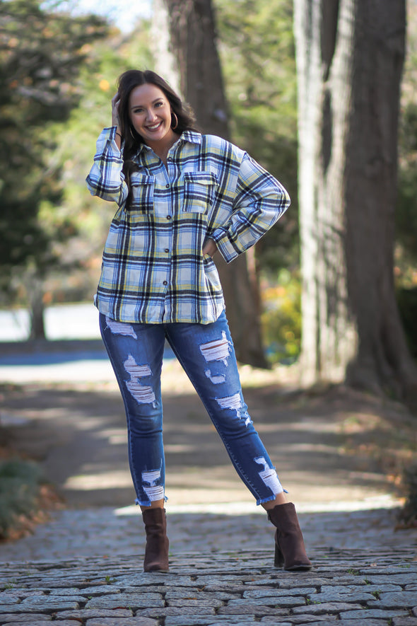 Sky Blue & Yellow Plaid Button Down Shacket