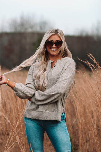 Olive Waffle Knit Henley Long Sleeve Top