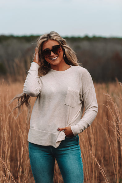 Oatmeal Brushed Front Pocket Long Sleeve Top