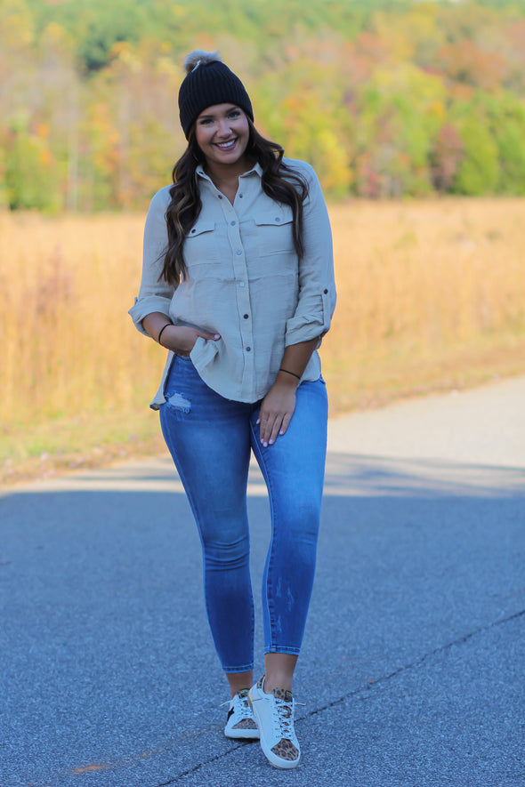 Khaki Gauze Button Down Top