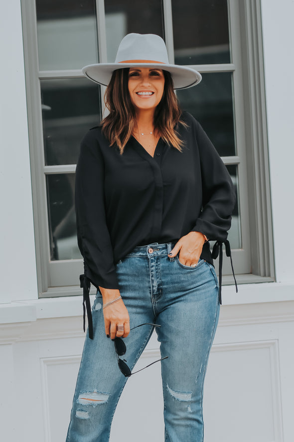 Black Tie Sleeve Button Down Blouse