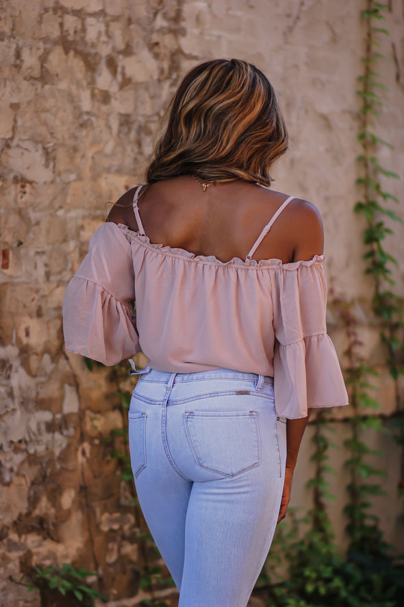 Dusty Rose Woven Off Shoulder Tie Front Blouse