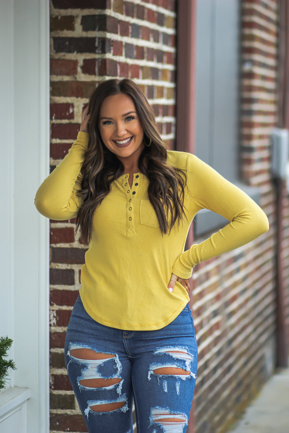 Lime Cozy Ribbed Henley Pocket Top