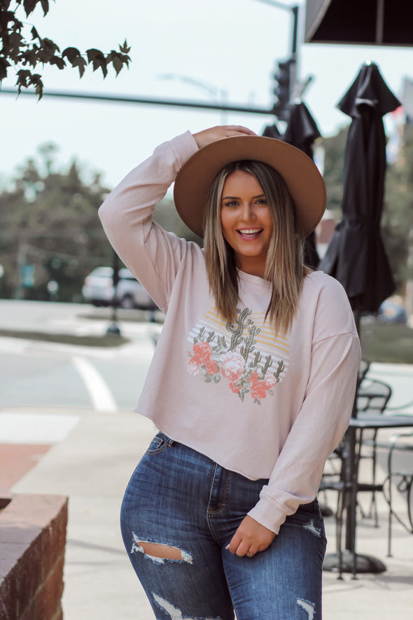 Dusty Pink Cactus Graphic Cropped Pullover