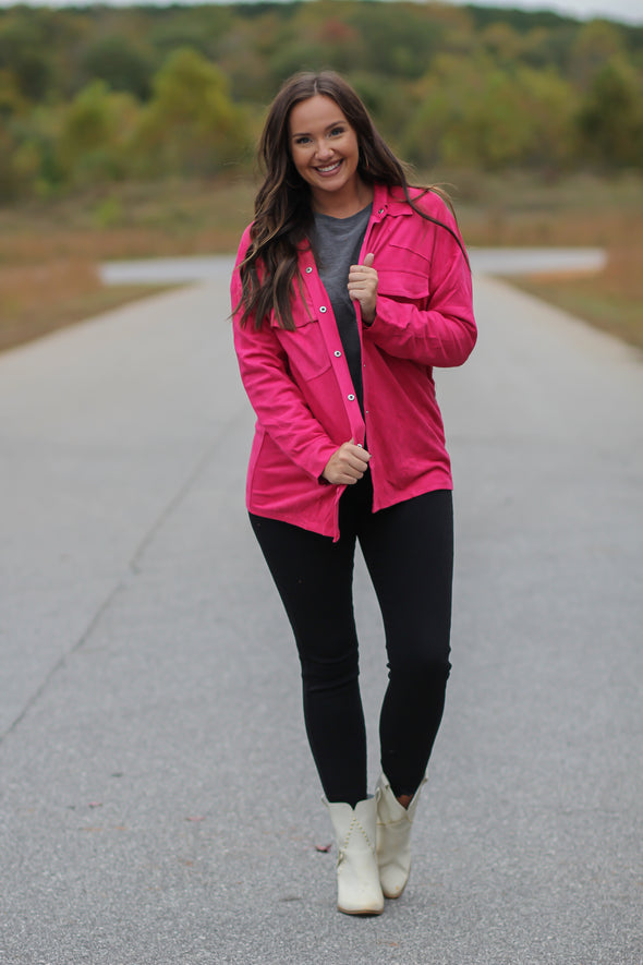 Hot Pink Faux Suede Button Down Jacket