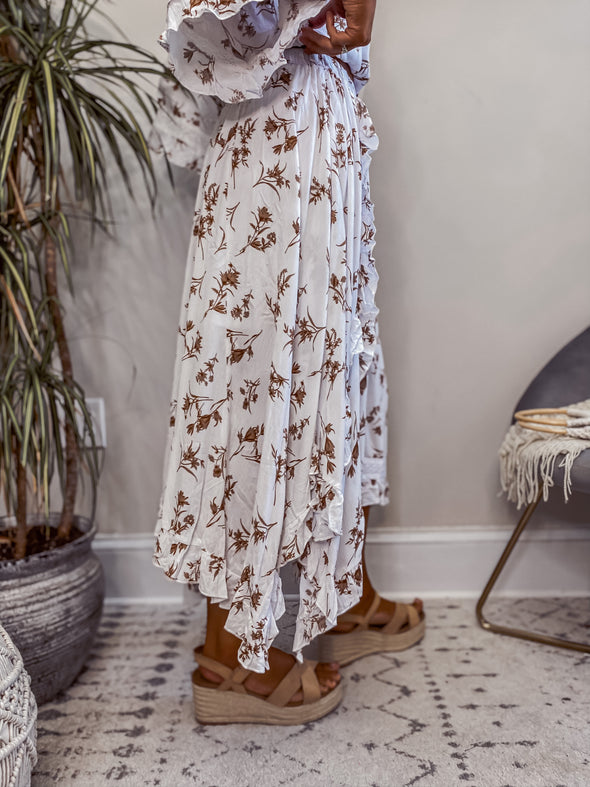 Ivory Floral Ruffle Hem Maxi Skirt