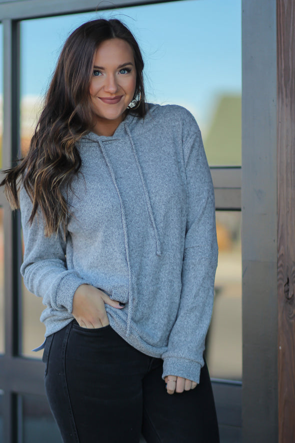 Heather Grey Ribbed Thermal Knit Hoodie Top