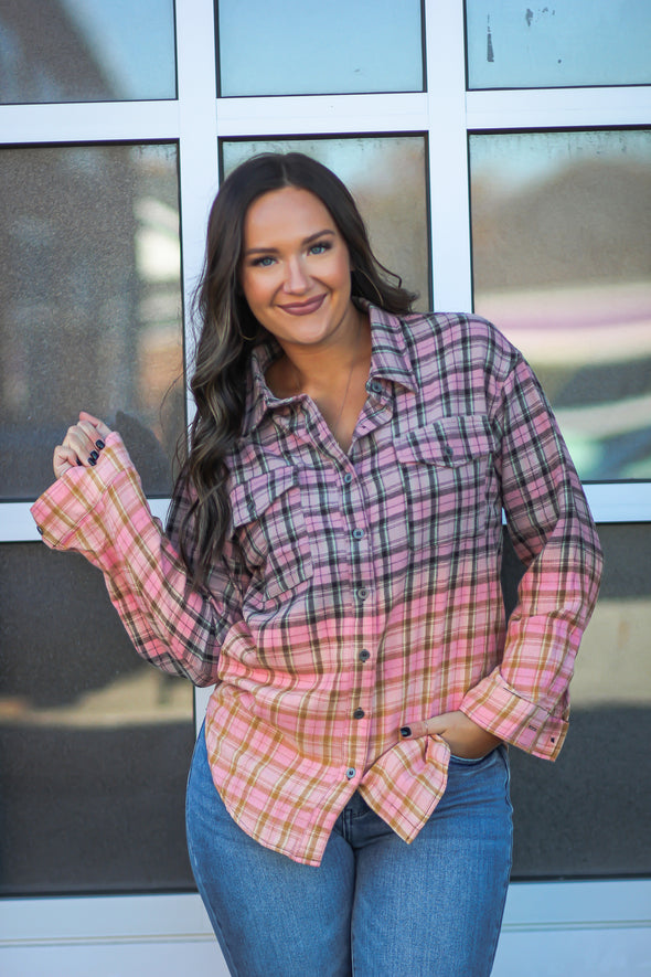 Mauve Bleached Plaid Button Down Flannel