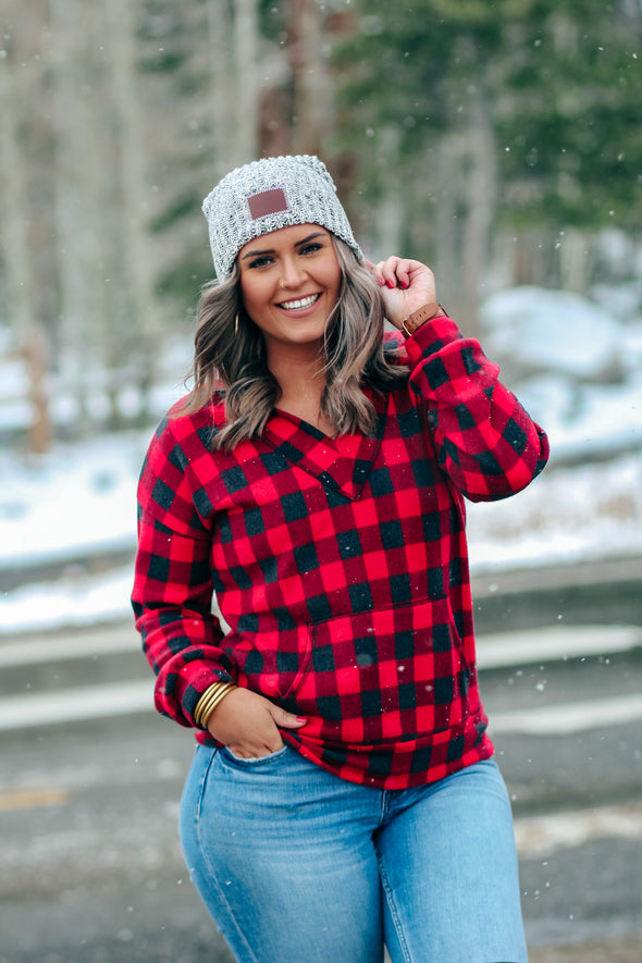 Red Buffalo Plaid Hacci Knit Hoodie Top