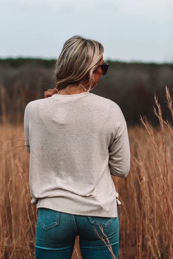 Oatmeal Brushed Front Pocket Long Sleeve Top