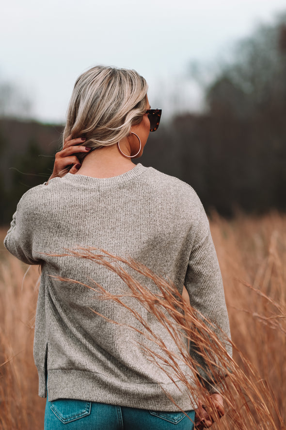 Olive Waffle Knit Henley Long Sleeve Top