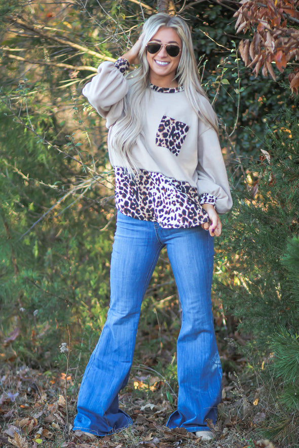 Taupe Leopard Contrast Front Pocket Top