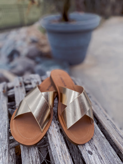 Gold Criss Cross Slip On Sandal