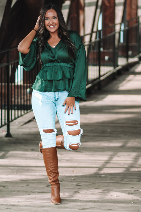 Hunter Green Tiered Peplum Blouse