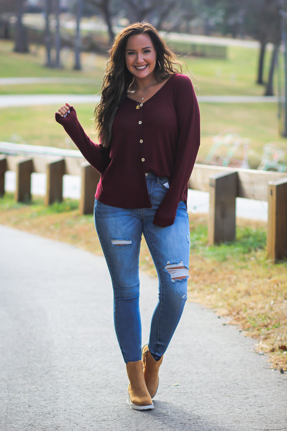 Wine Waffle Knit Button Detail Long Sleeve Top