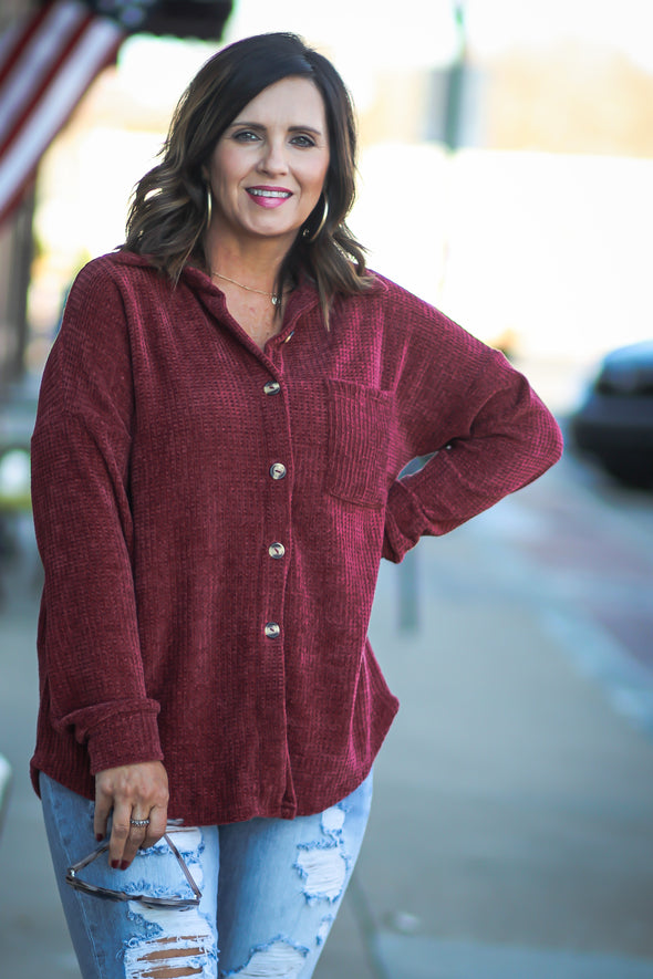 Wine Chenille Button Down Front Pocket Top