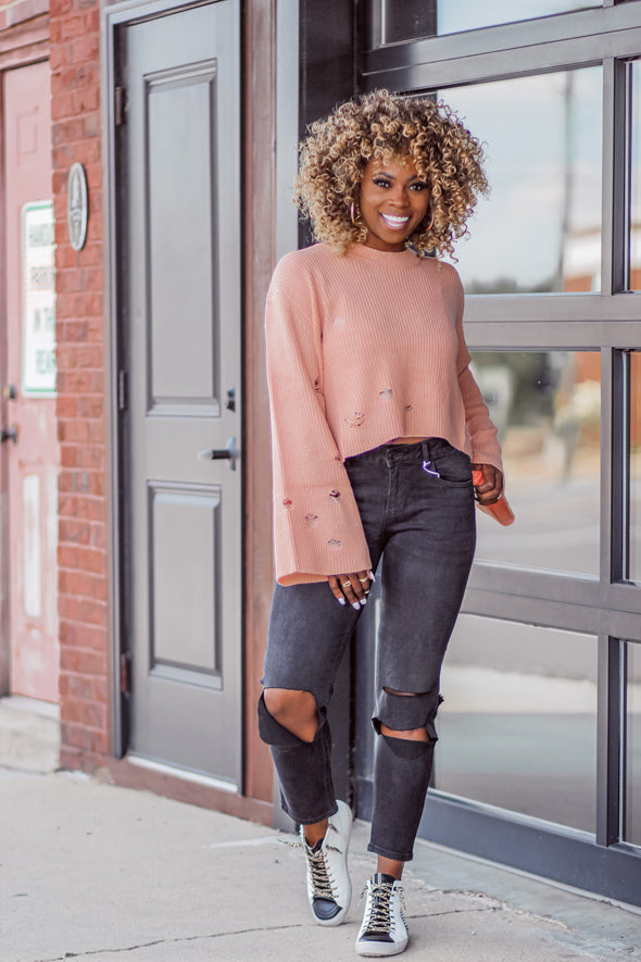 CLEARANCE STOREFRONT Peach Wide Sleeve Distressed Sweater Top