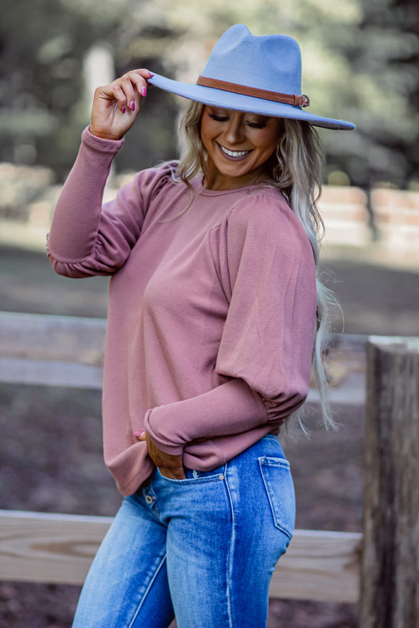 Marsala Thermal Knit Puff Sleeve Top