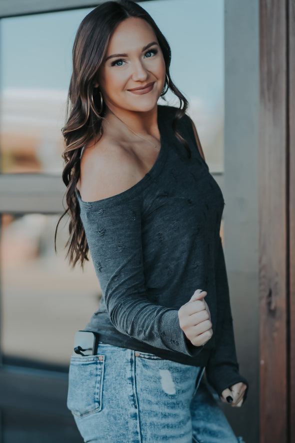 Charcoal Distressed Open Shoulder Top