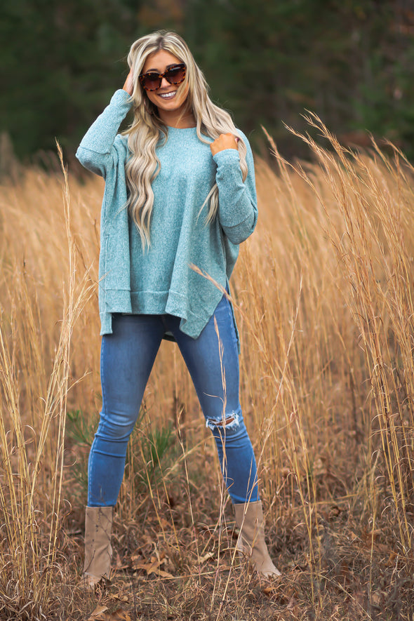 Teal Waffle Knit Boxy Long Sleeve Top