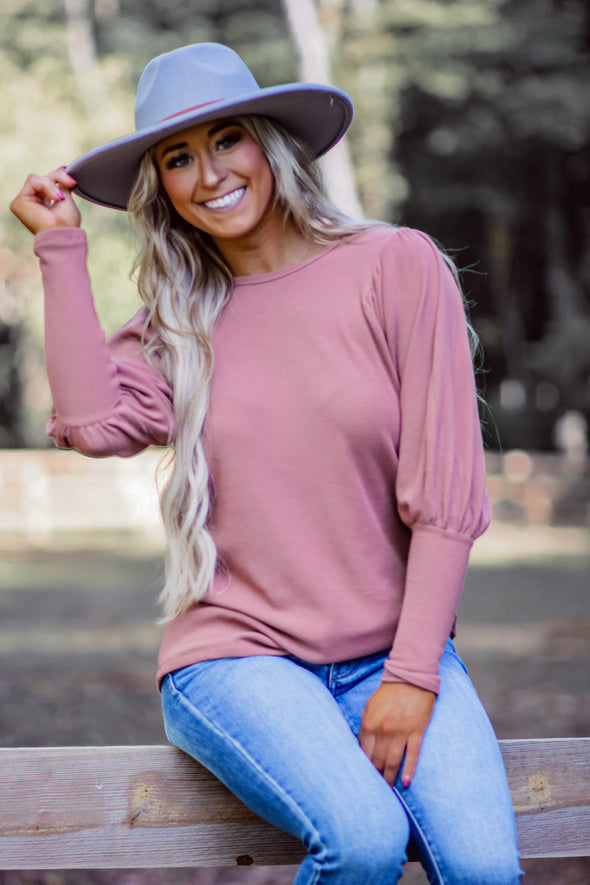 Marsala Thermal Knit Puff Sleeve Top