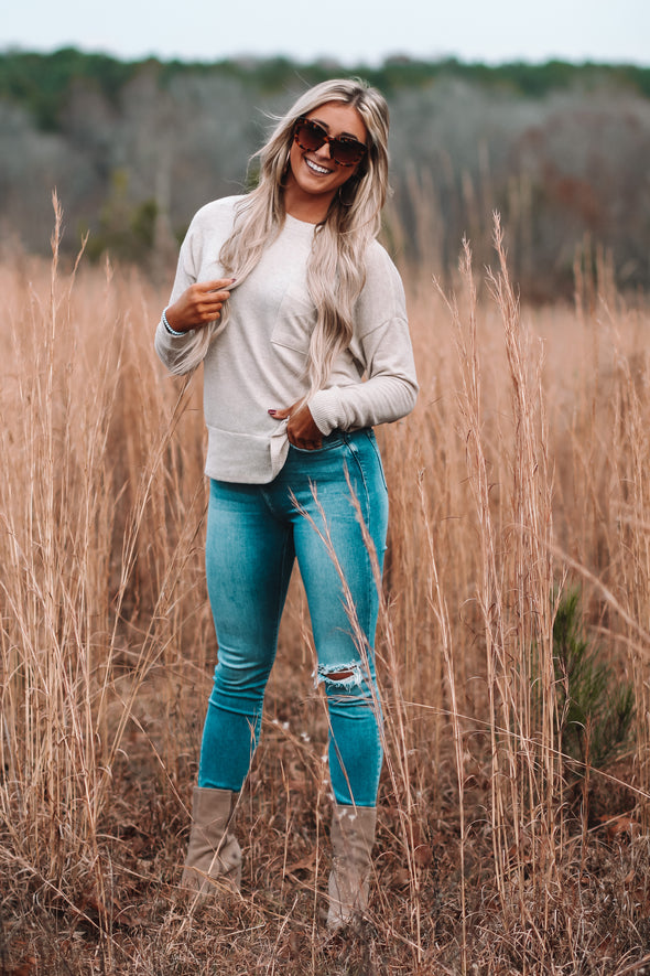 Oatmeal Brushed Front Pocket Long Sleeve Top