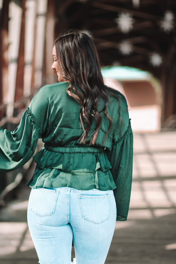 Hunter Green Tiered Peplum Blouse