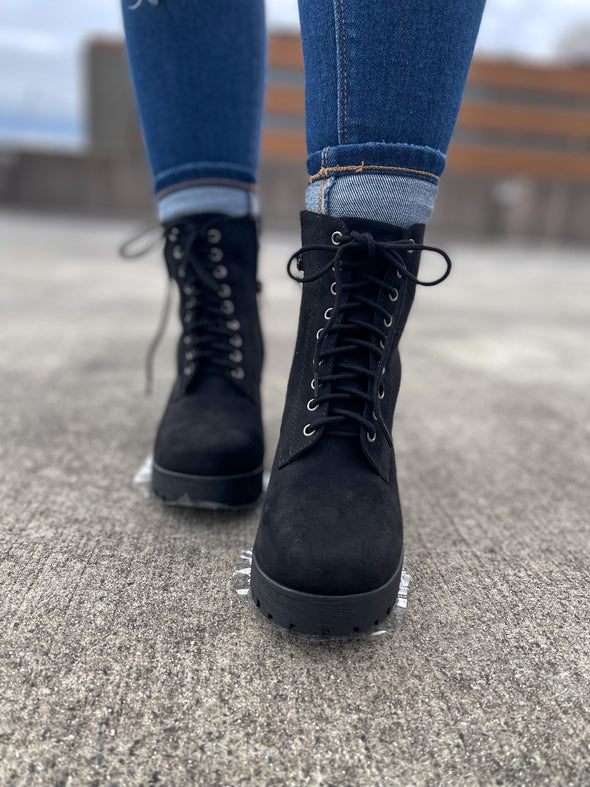 Black Lace Up Heel Combat Boot
