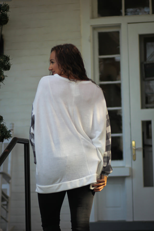 Ivory & Grey Plaid Contrast Bubble Sleeve Top