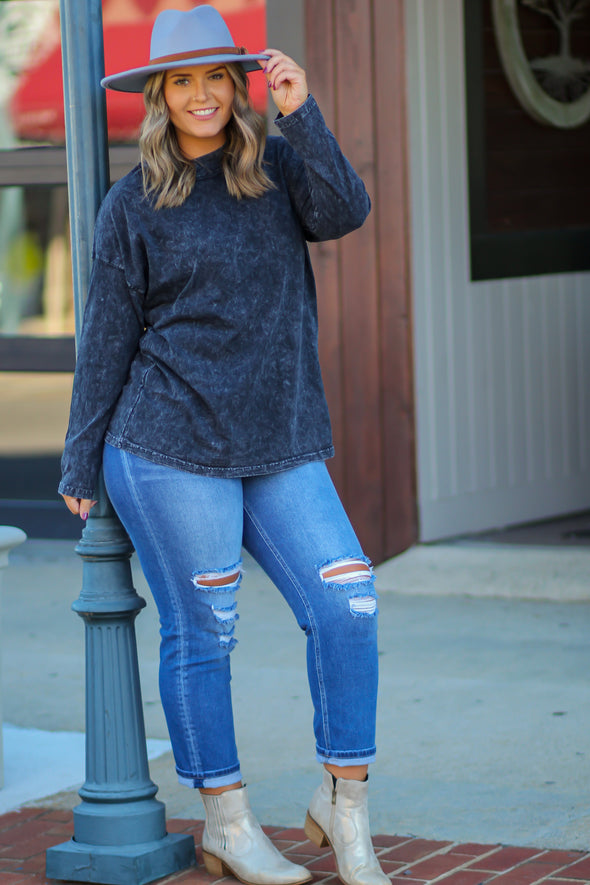 Black Mineral Washed Mock Neck Long Sleeve Top