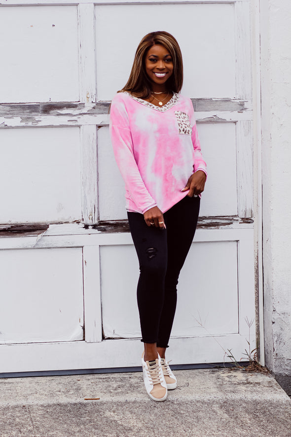 Pink Tie Dye & Leopard Contrast Pocket Top