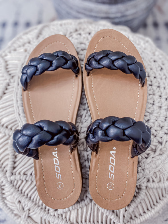 Black Braided Double Strap Slip on Sandal